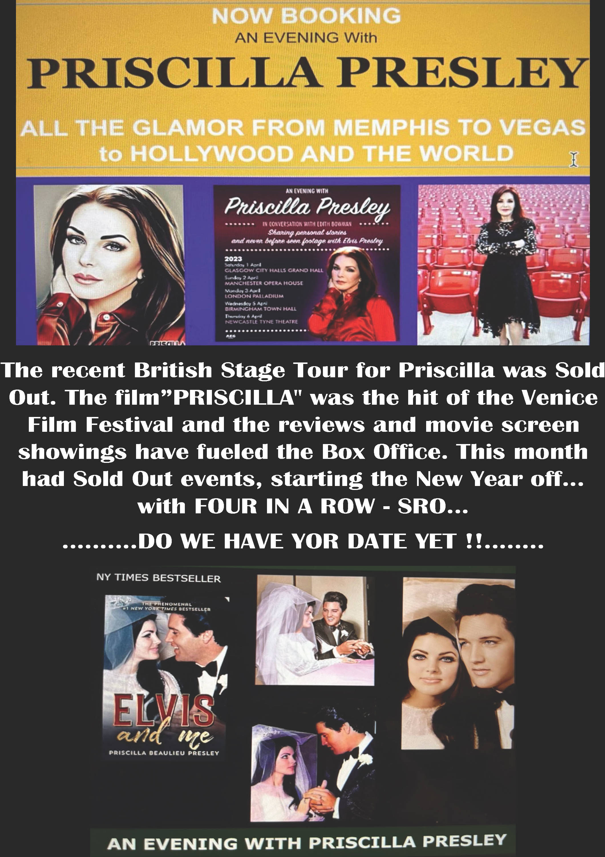 Now booking an evening with Priscilla Presley; All the glamor from Memphis to Vegas to Hollywood and the world