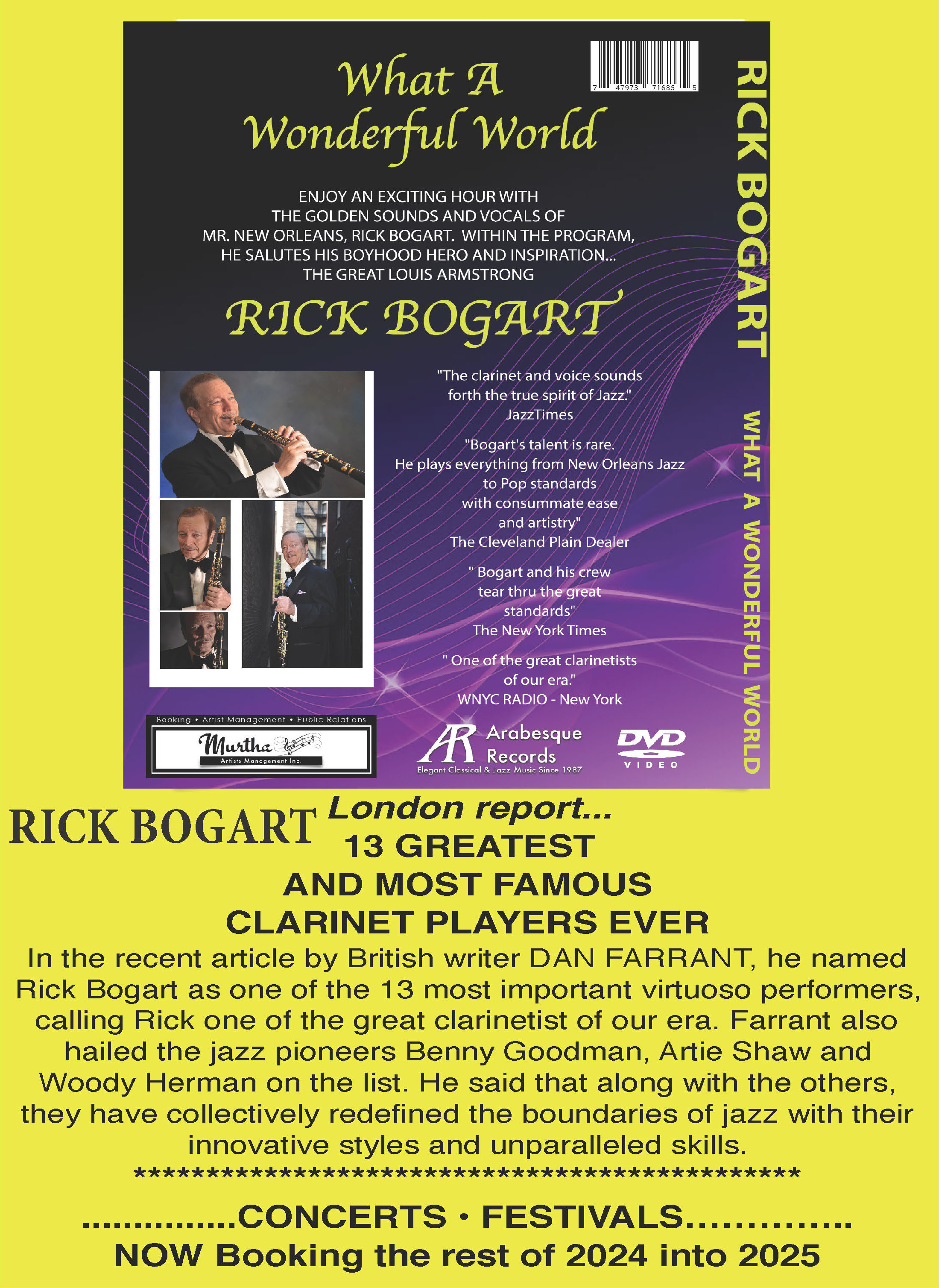 What a Wonderful World; Enjoy an exciting hour with the golden sounds and vocals of Mr. New Orleans, Rick Bogart. Within the program, he salutes his boyhood hero and inspiration; The great Louis Armstrong